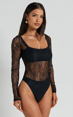 Cynthia Bodysuit - Long Sleeve Lace Bodysuit in Black