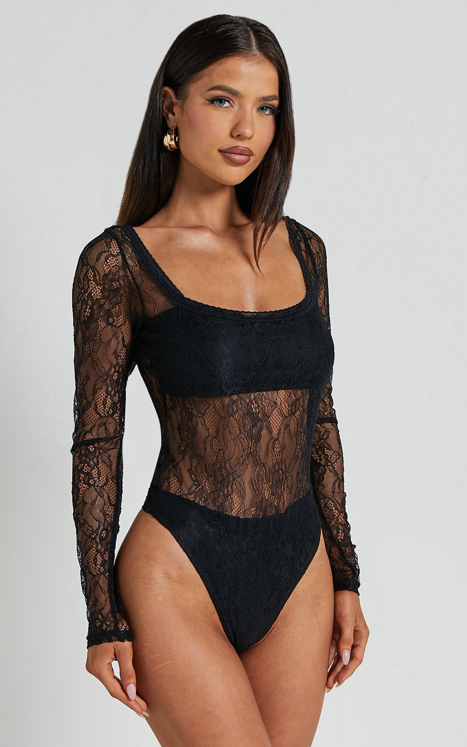 Cynthia Bodysuit - Long Sleeve Lace Bodysuit in Black