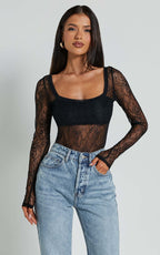 Cynthia Bodysuit - Long Sleeve Lace Bodysuit in Black
