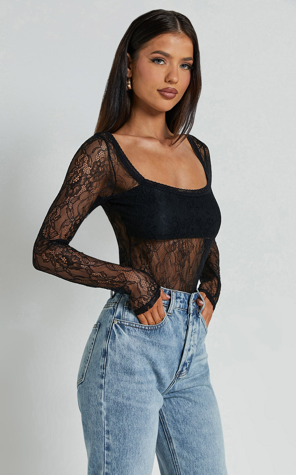 Cynthia Bodysuit - Long Sleeve Lace Bodysuit in Black